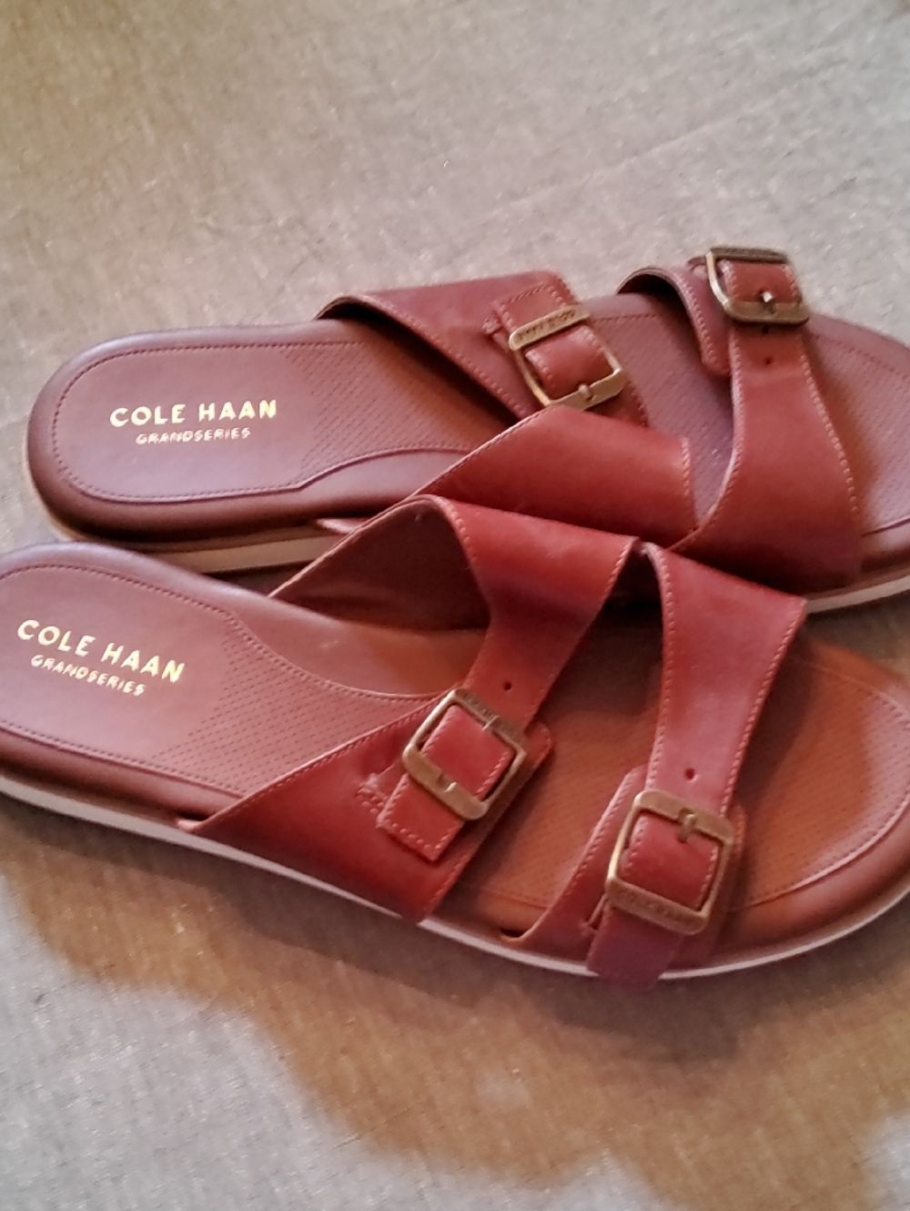 Cole Haan Red-Brown Leather Buckle Slide Sandals